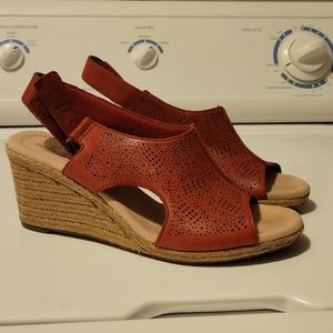 Red Strappy Wedge Sandals Faux Leather